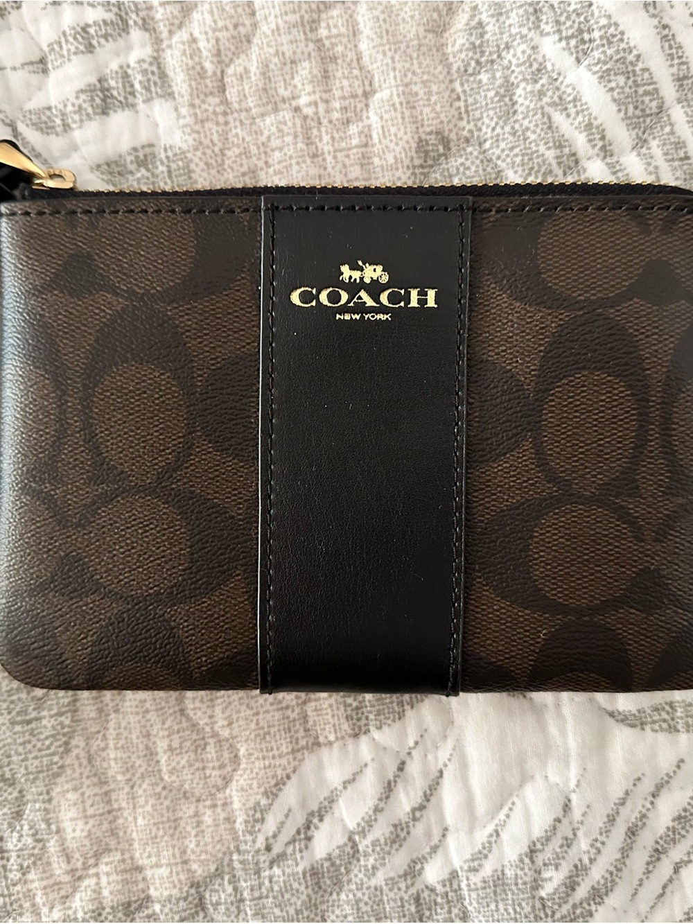Coach Brown Signature Canvas Wristlet with Black Leather Center and Gold Logo